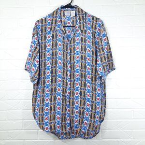 Vintage Miss Selfridge Rayon Geometric Stripe Short Sleeve Button Up Top M